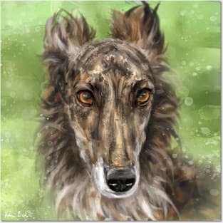 Painting of a Gorgeous Silken Windhound Brindle Coat Brown Red White on Green Background Posters and Art